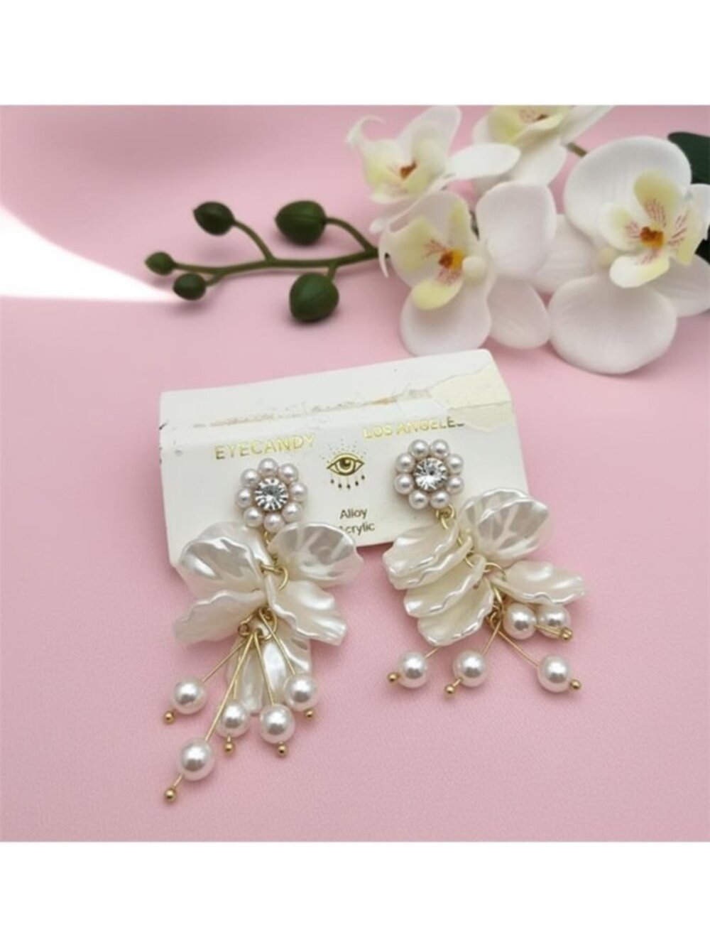 Eye Candy LA Pearl Petal Drop Earrings Rhinestone Bridal Statement 2.25 in